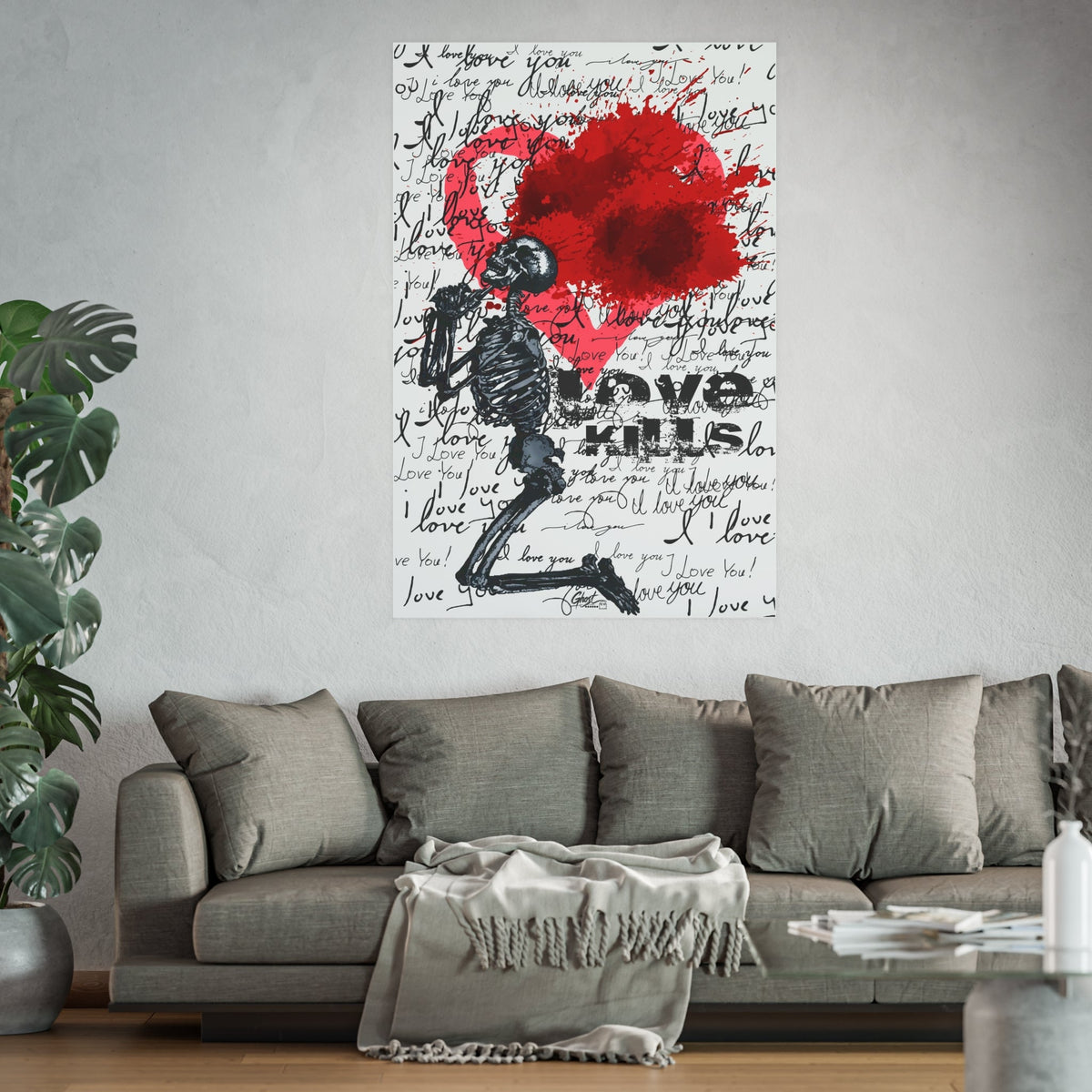 Love Kills art poster by Ghost above a gray sofa, from 2 Blues Printing art posters