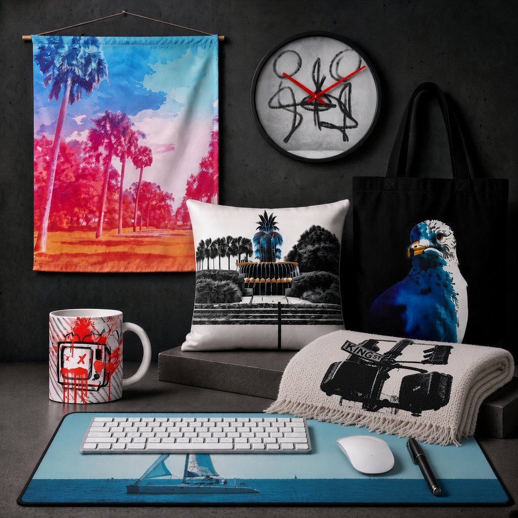 Custom Items by 2 Blues Printing featuring original art on a tapestry, clock, mug, pillow, tote, woven blanket and desk mat