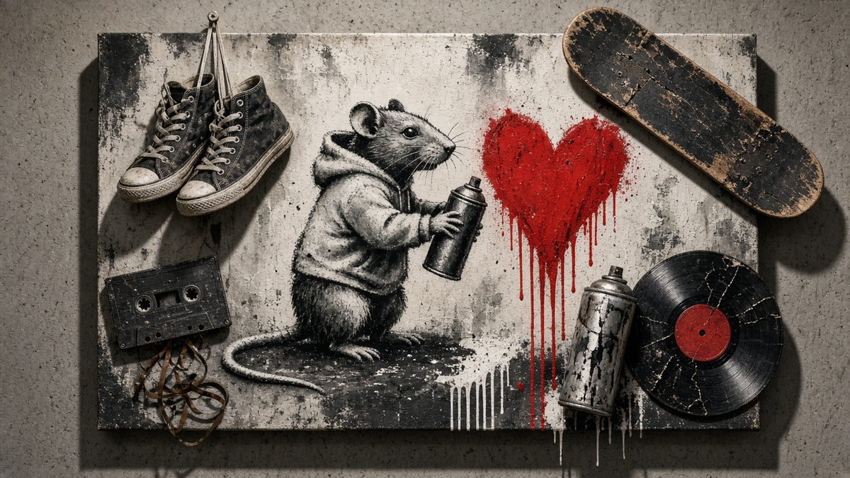 Ghost Collection street art canvas with stencil rat painting a red heart and real sneakers, skateboard, cassette and vinyl attached