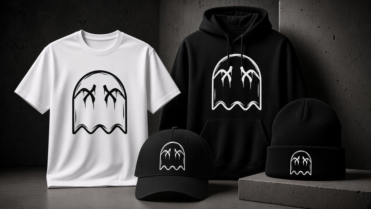 Ghost Gear logo apparel: white tee, black hoodie, trucker hat and beanie