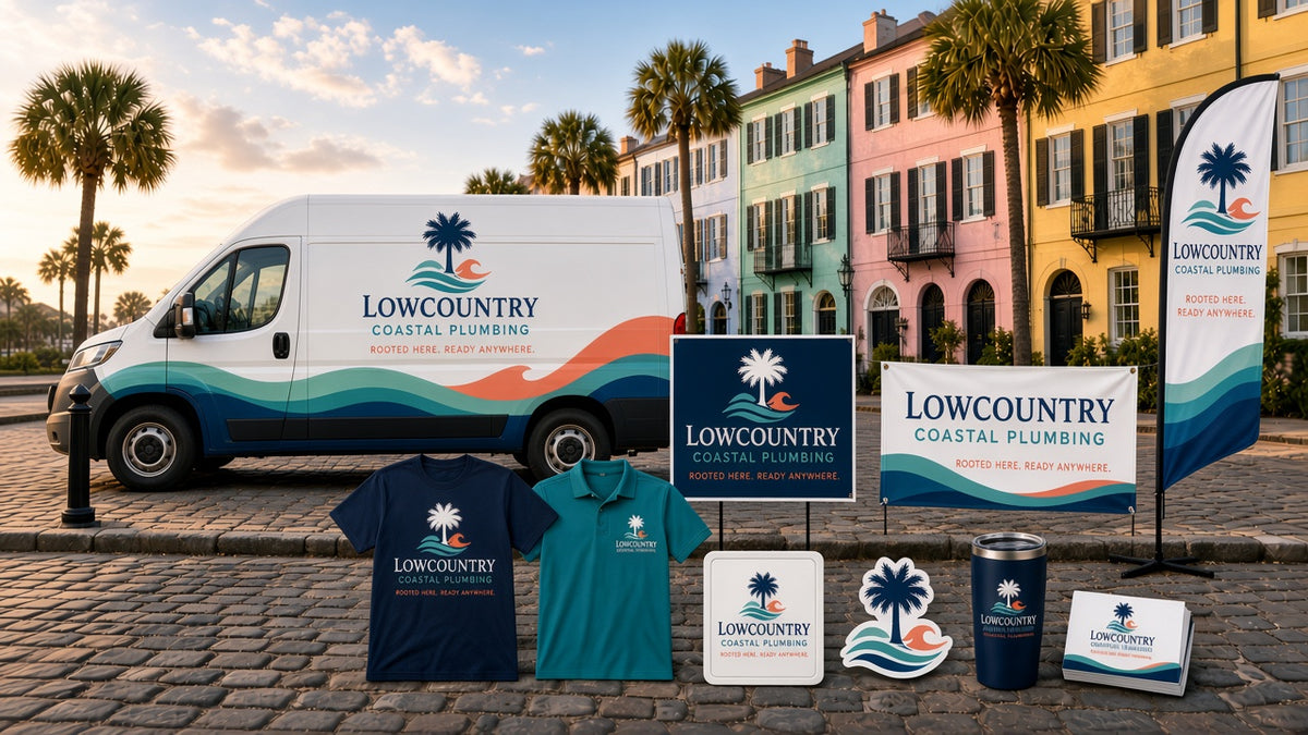 Custom vehicle wrap, signs, banner, feather flag, apparel and stickers for a Charleston business