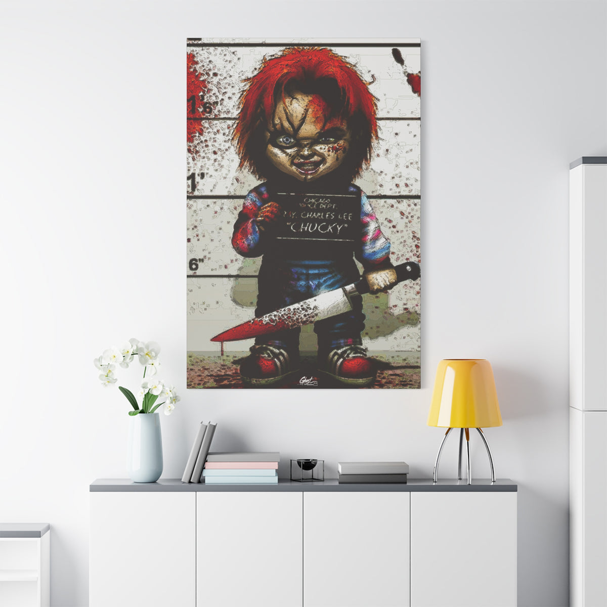 Best Friends Forever oversized canvas on a white wall over a sideboard, doll lineup photo splashed with red