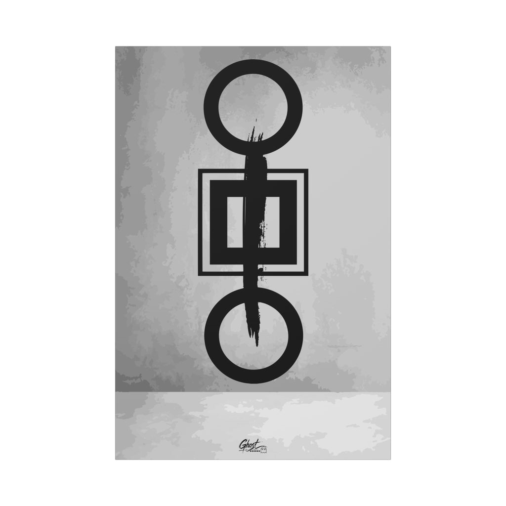 Down is Up canvas print, front view: circles and squares crossed by a bold black brushstroke