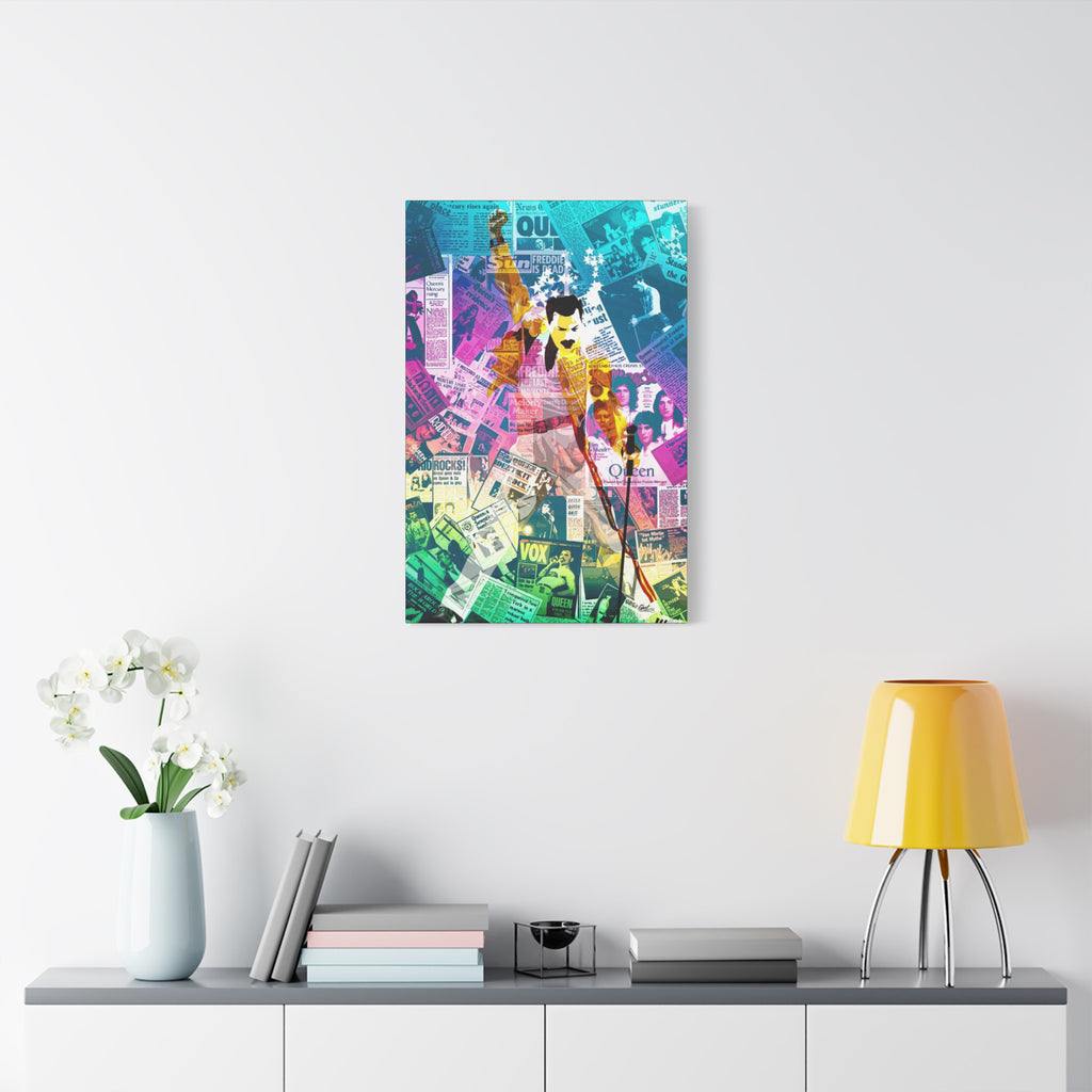 The Showman large canvas on a white wall above a console, teal-to-pink music collage of a performer mid-show