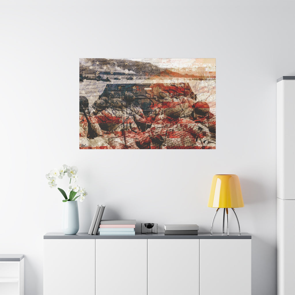 D-Day 75th Anniversary large canvas on a white wall over a sideboard, June 6, 1944 tribute in warm, faded red, white and blue