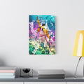 The Showman medium canvas beside a yellow desk lamp, figure in a yellow jacket, fist raised, over newspaper collage