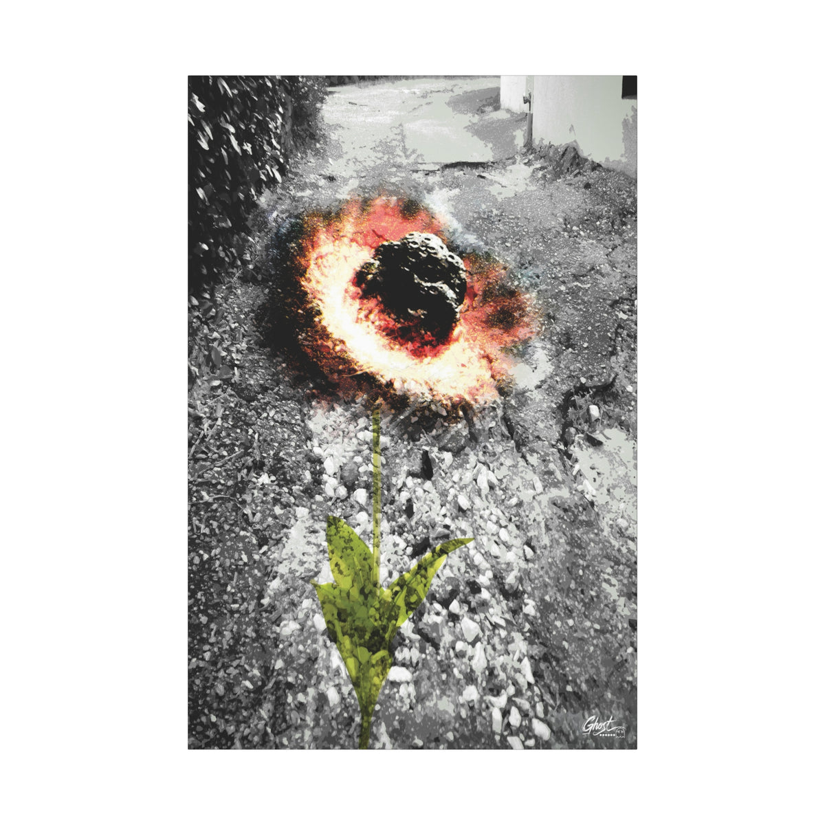 Meteor Flower canvas print, front view: pothole crater ringed in orange, red and yellow like a flower, Charleston SC