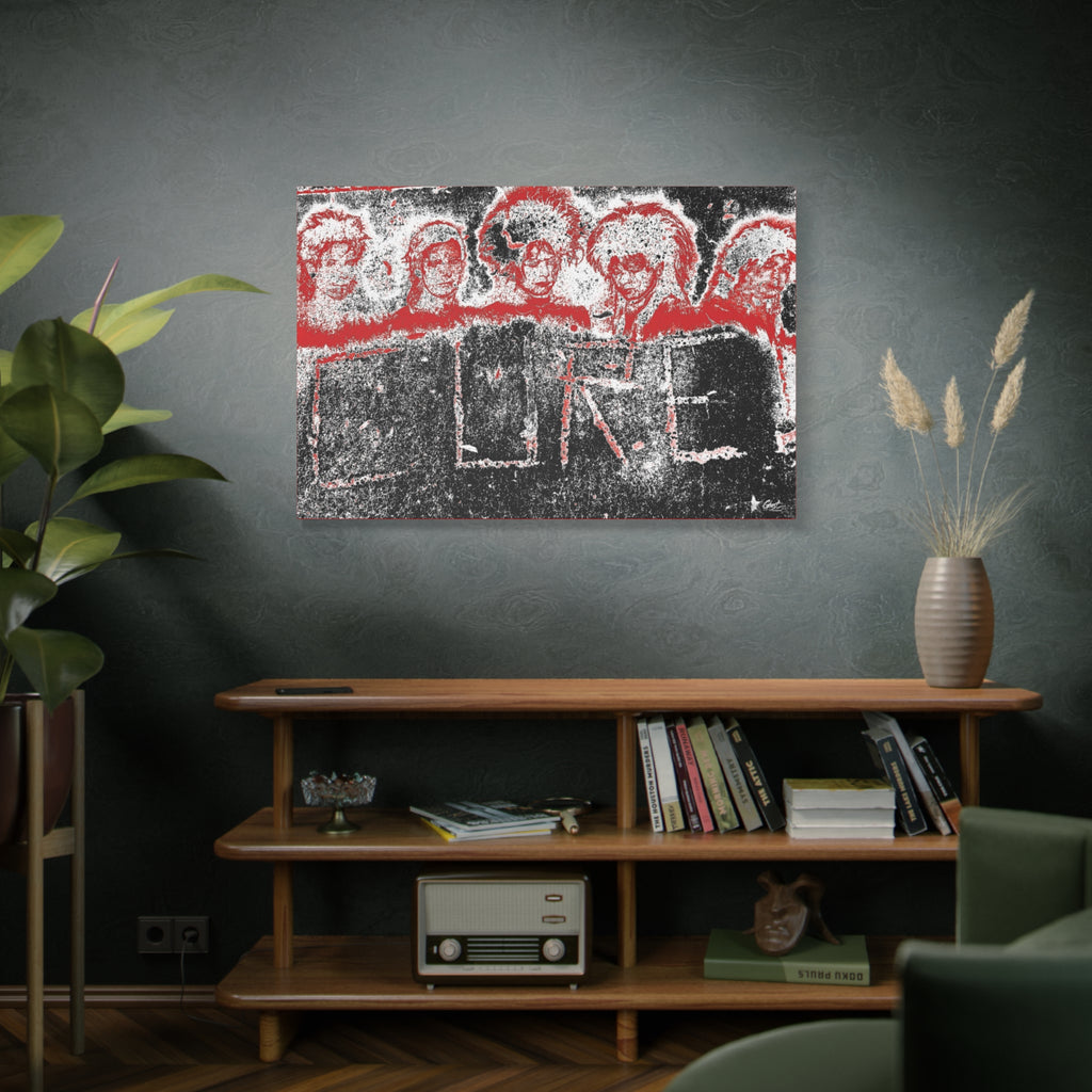 Lowcountry Medicine large canvas on a green-gray wall over bookshelves, distressed red, black and white grunge lettering on concrete