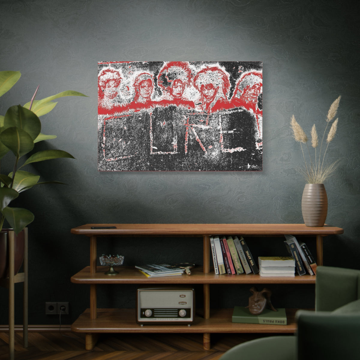 Lowcountry Medicine large canvas on a green-gray wall over bookshelves, distressed red, black and white grunge lettering on concrete