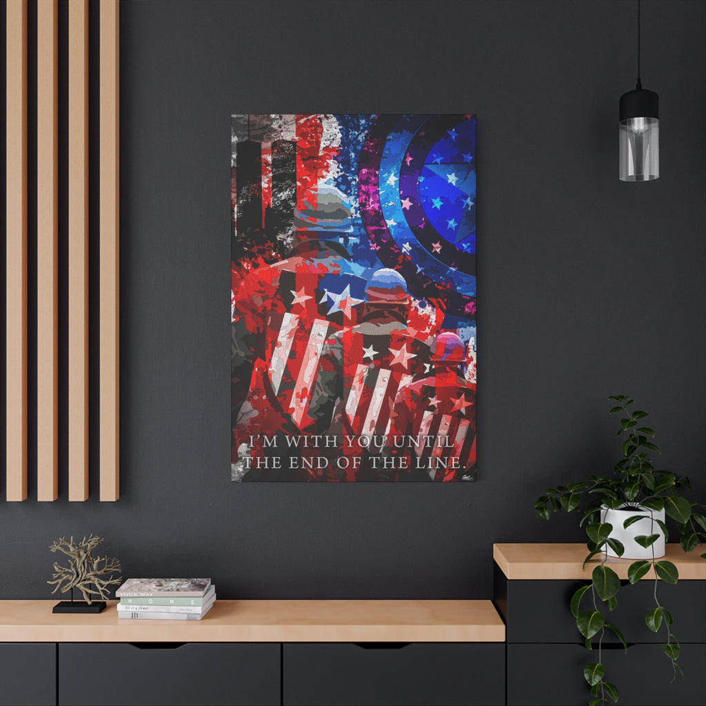 9/11 Never Forget large canvas on a charcoal wall by wood slats, patriotic tribute in red, white, blue and smoke gray