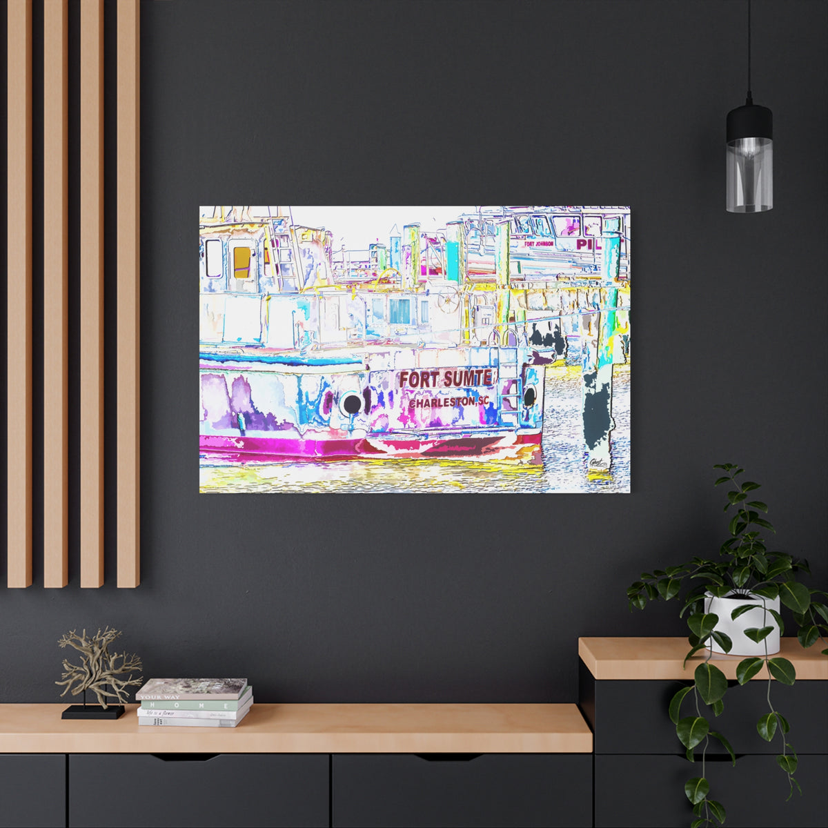 Fort Sumter Retro large canvas on a charcoal wall over an oak shelf, harbor boat in bright retro pinks, blues and yellows