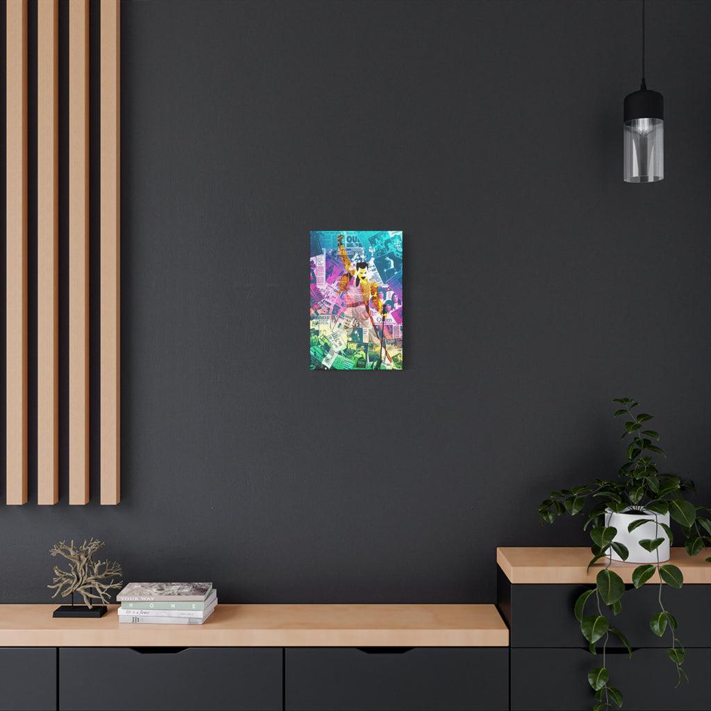 The Showman small canvas on a charcoal wall over an oak shelf, teal-to-pink music collage of a performer mid-show