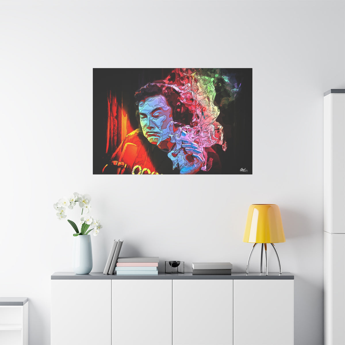 Launch Window large canvas on a white wall over a sideboard, neon smoke cloud swirling from a dark portrait