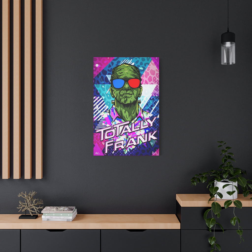 Monster Vibes canvas on a charcoal wall by wood slats, green monster in red-and-blue 3D glasses and a tropical shirt