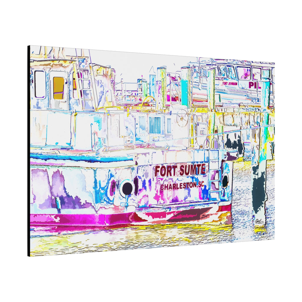 Fort Sumter Retro canvas, angled view of the gallery-wrapped edge: retro neon-tinted, pen-drawn Fort Sumter tour boat