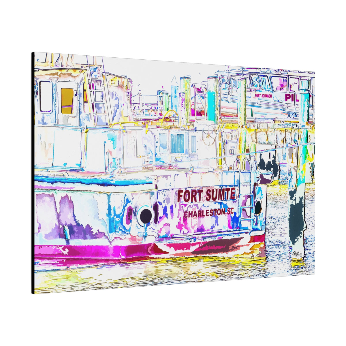 Fort Sumter Retro canvas, angled view of the gallery-wrapped edge: retro neon-tinted, pen-drawn Fort Sumter tour boat