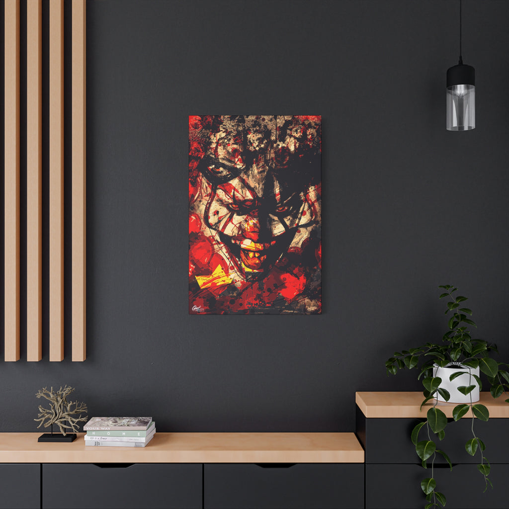 Down in a Drain medium canvas on a charcoal wall by wood slats, leering clown face in distressed red, black and cream
