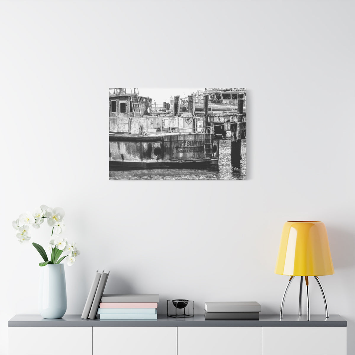 Fort Sumter Original oversized canvas on a white wall above a console, weathered harbor boat sketched over in pen