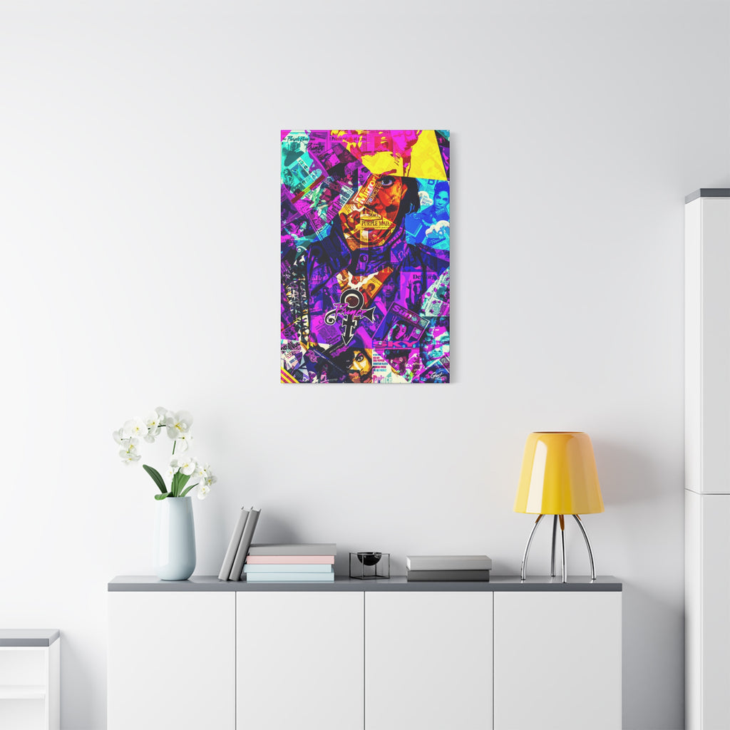 The Symbol canvas above a white sideboard and yellow lamp, portrait in a yellow hat over a purple and teal magazine collage