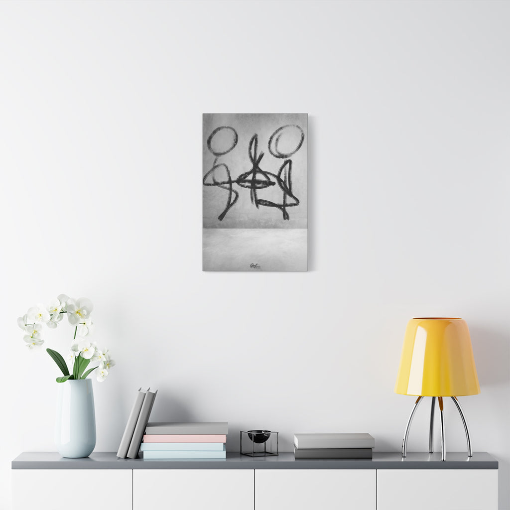 Infinity small canvas over a console with white flowers, looping black-and-white brushstroke figures in balance