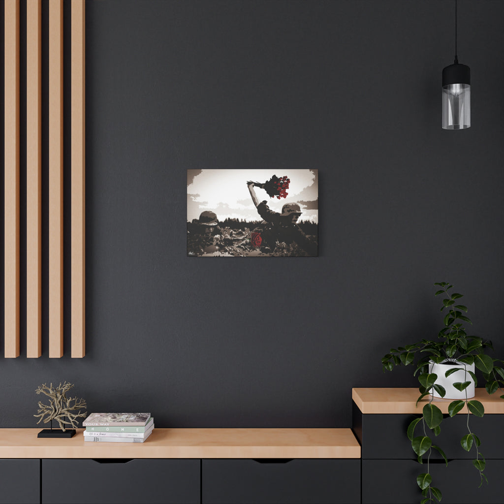 War Peace medium canvas on a charcoal wall over an oak shelf, wartime scene with a bouquet of deep red roses