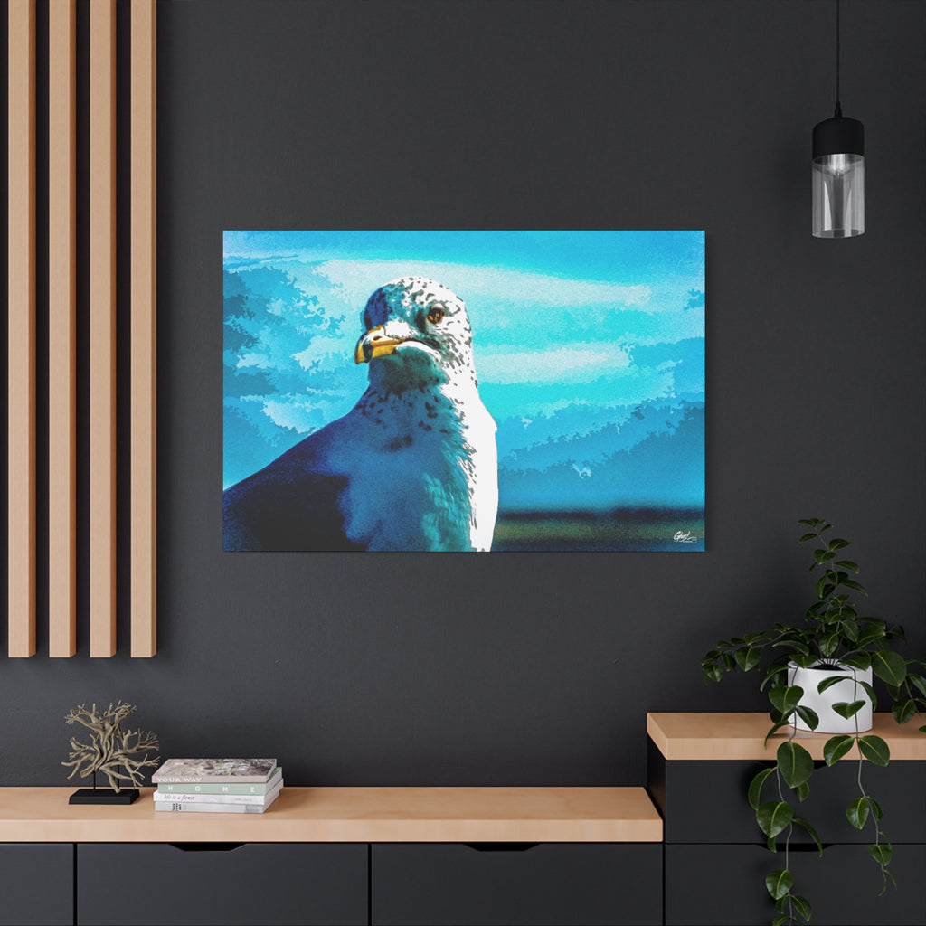 Carolina Seagull large canvas on a charcoal wall over an oak shelf, pier seagull close-up in vivid blues