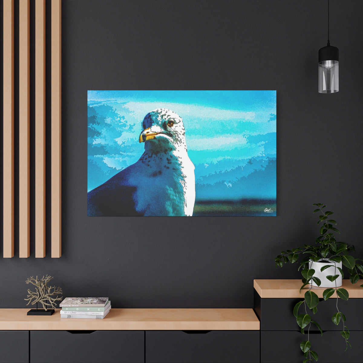 Carolina Seagull large canvas on a charcoal wall over an oak shelf, pier seagull close-up in vivid blues