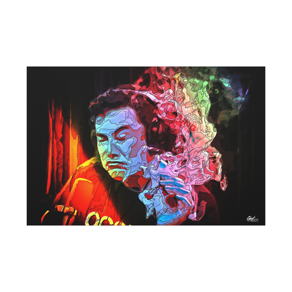 Launch Window canvas print, front view: ice-blue portrait with an eruption of psychedelic smoke