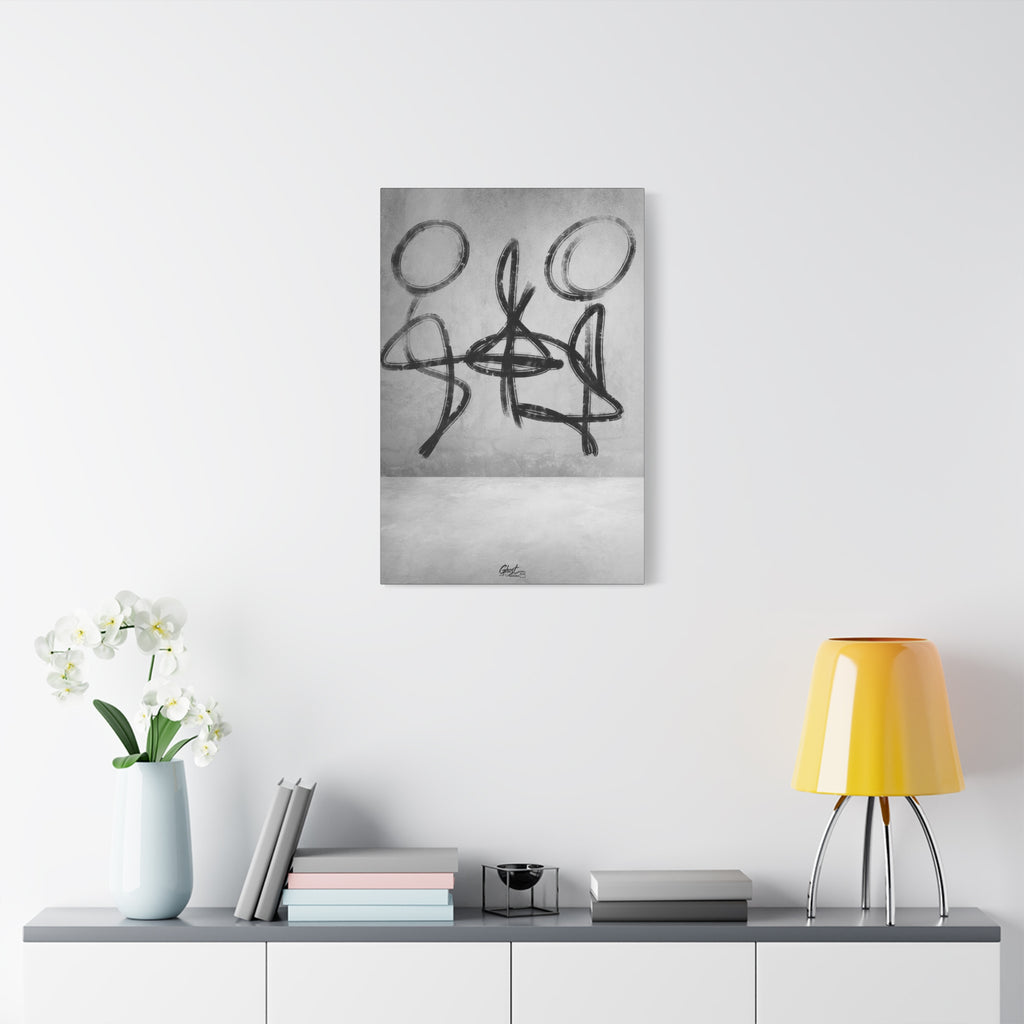 Infinity large canvas on a white wall above a console, gestural charcoal-style abstract figures