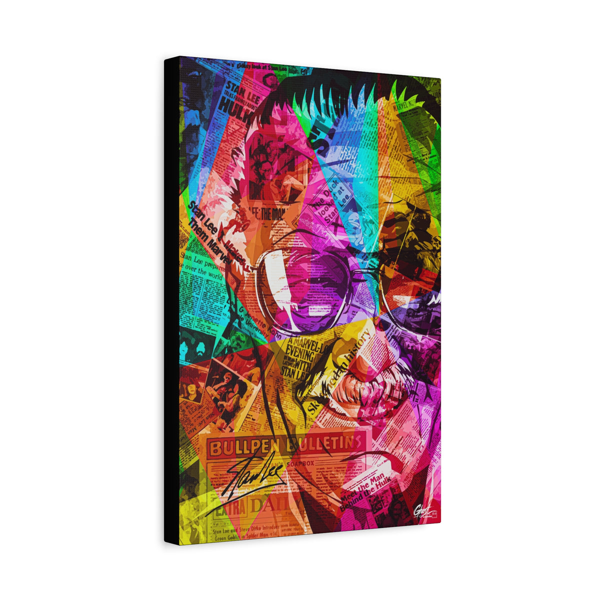 The Man the Myth the Legend canvas, angled side view: comic-page collage face in aviators split into neon color bands