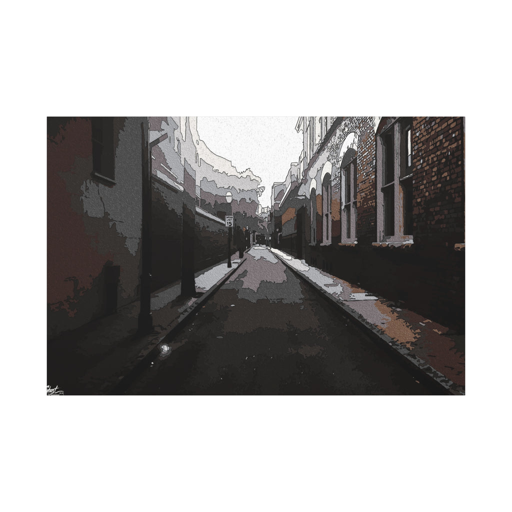 Charleston One Way canvas print, front view: moody alley with old brick walls and long shadows, Charleston SC