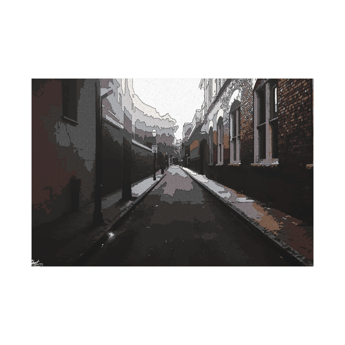 Charleston One Way canvas print, front view: moody alley with old brick walls and long shadows, Charleston SC