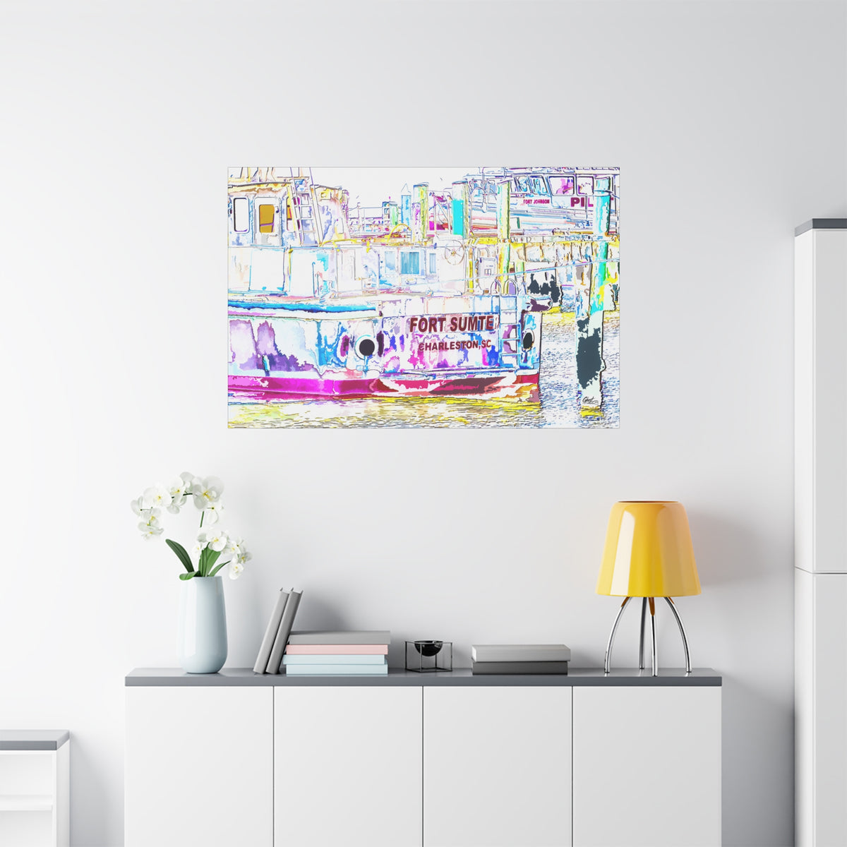 Fort Sumter Retro large canvas on a white wall over a sideboard, harbor boat in bright retro pinks, blues and yellows