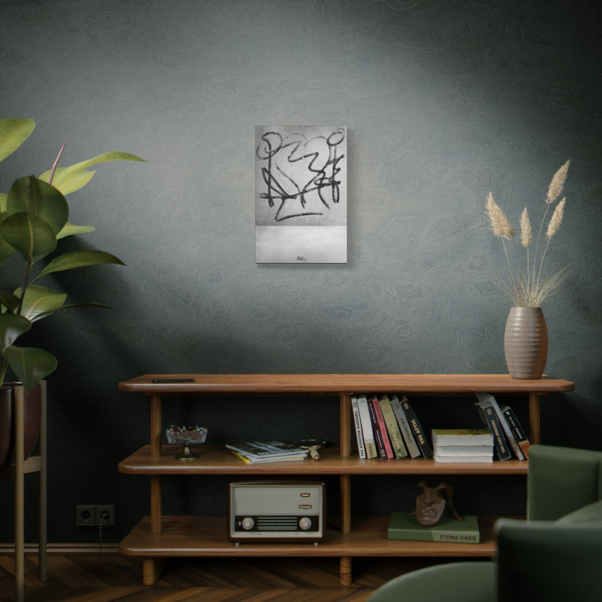 Heartbreak small canvas above a wooden bookshelf, minimal black-and-white abstract line art