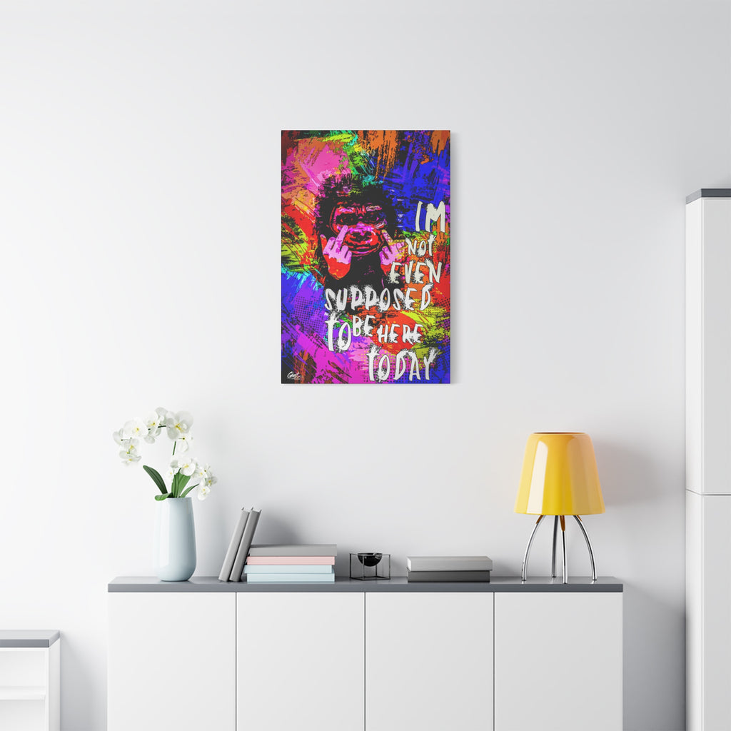 Not Even Supposed to Be Here canvas above a white sideboard and yellow lamp, grinning ape in hot pink and neon brushstrokes