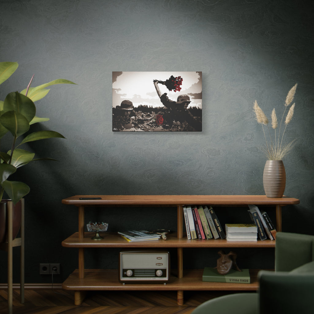 War Peace medium canvas above a wooden bookshelf, wartime scene with a bouquet of deep red roses