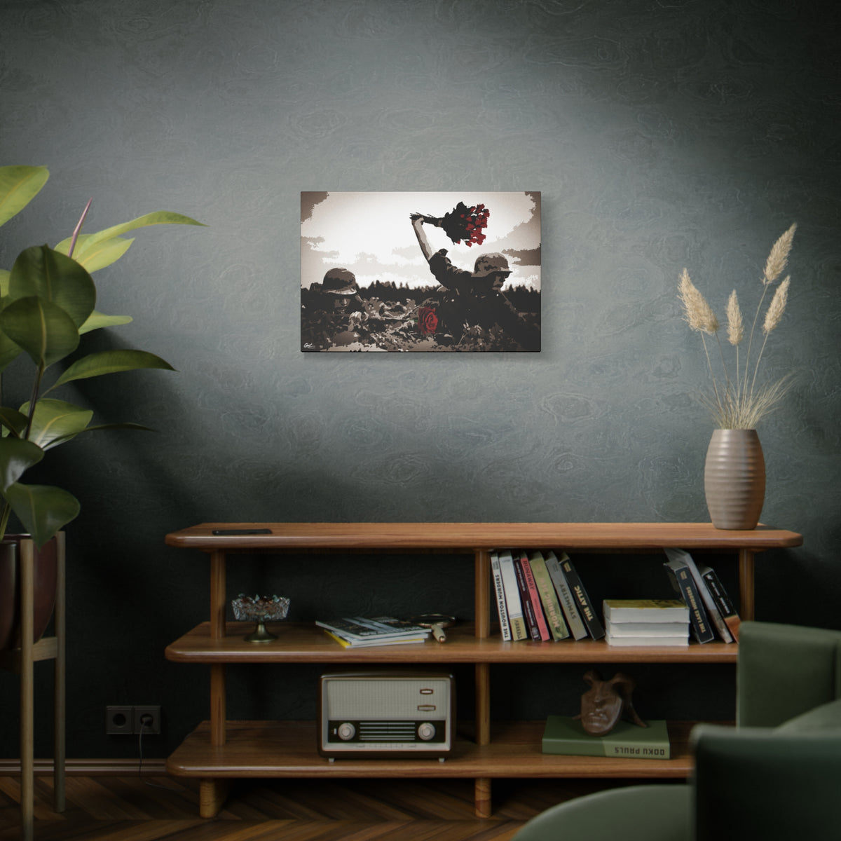 War Peace medium canvas above a wooden bookshelf, wartime scene with a bouquet of deep red roses