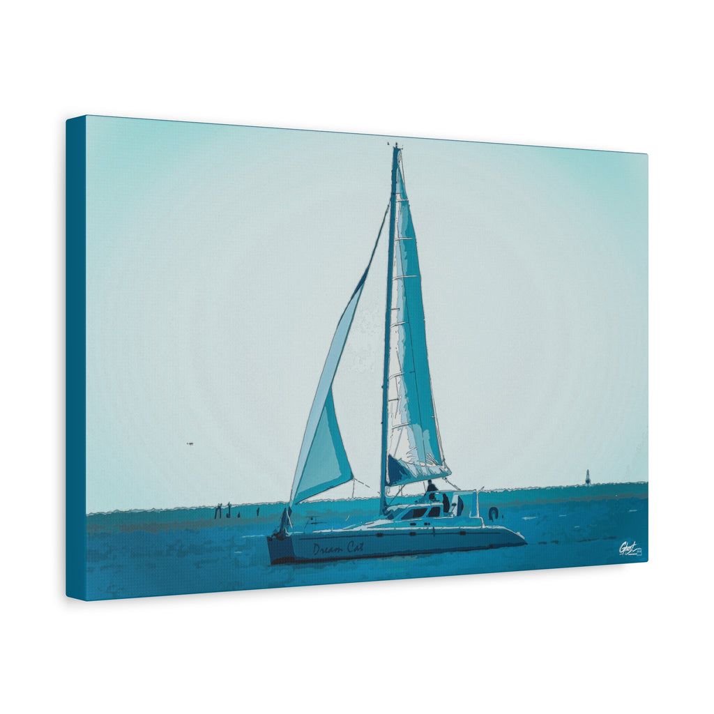 Freedom Sailing canvas, angled view of the gallery-wrapped edge: lone sailboat on soft aqua and teal water
