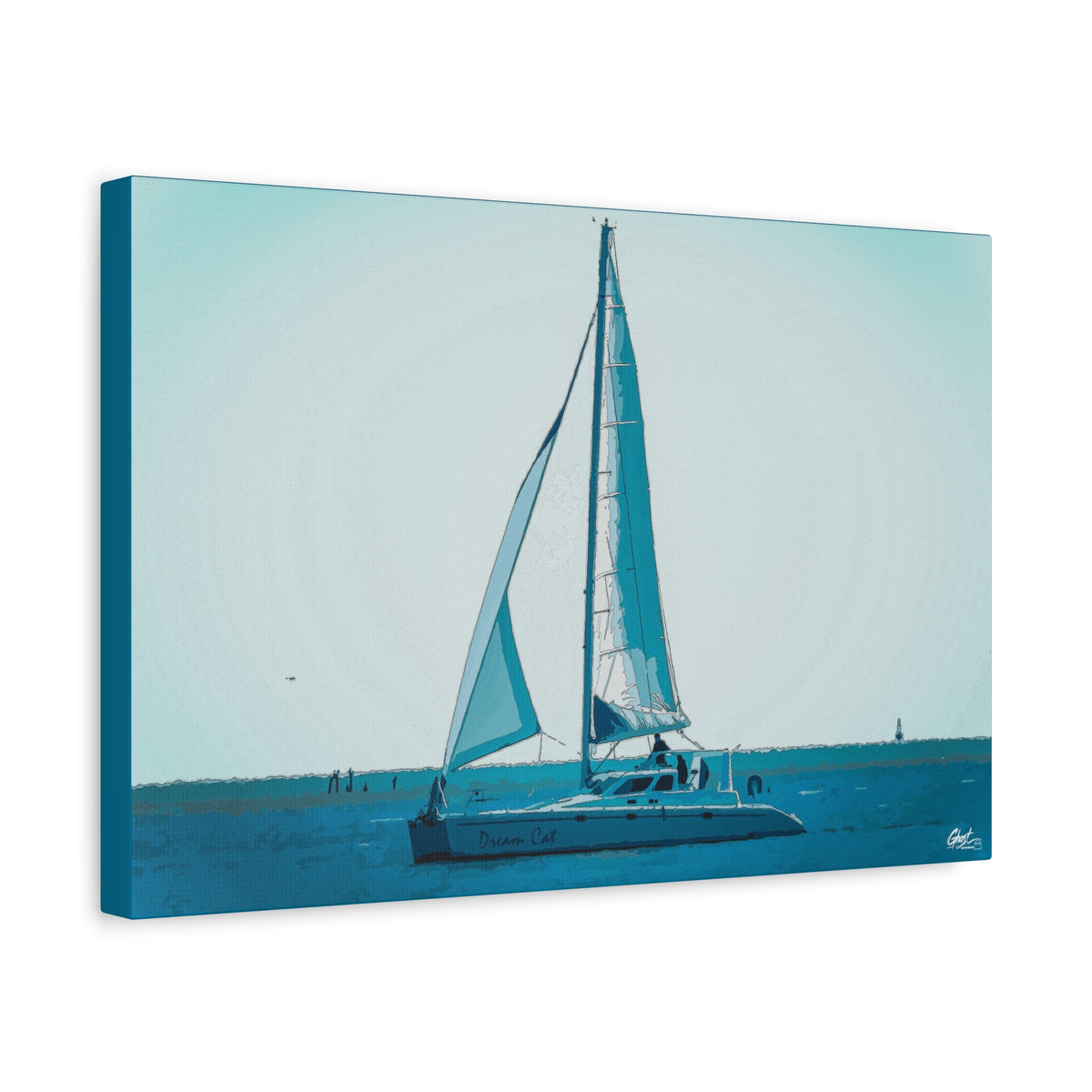 Freedom Sailing canvas, angled view of the gallery-wrapped edge: lone sailboat on soft aqua and teal water