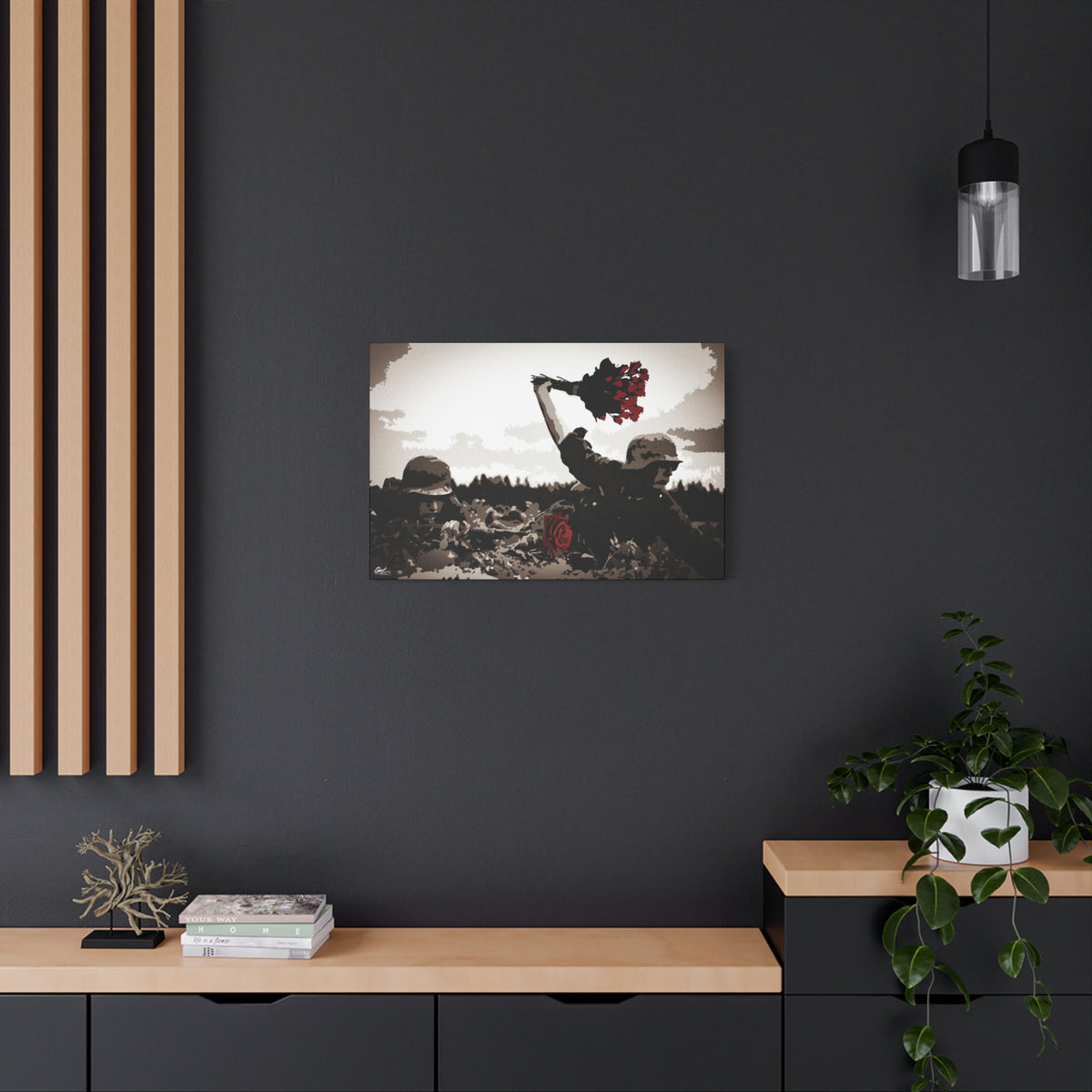War Peace medium canvas on a charcoal wall by wood slats, wartime scene with a bouquet of deep red roses