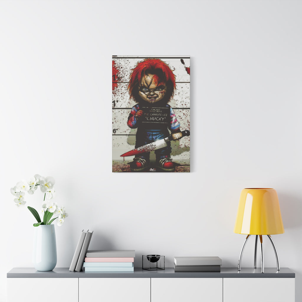 Best Friends Forever large canvas on a white wall above a console, doll lineup photo splashed with red