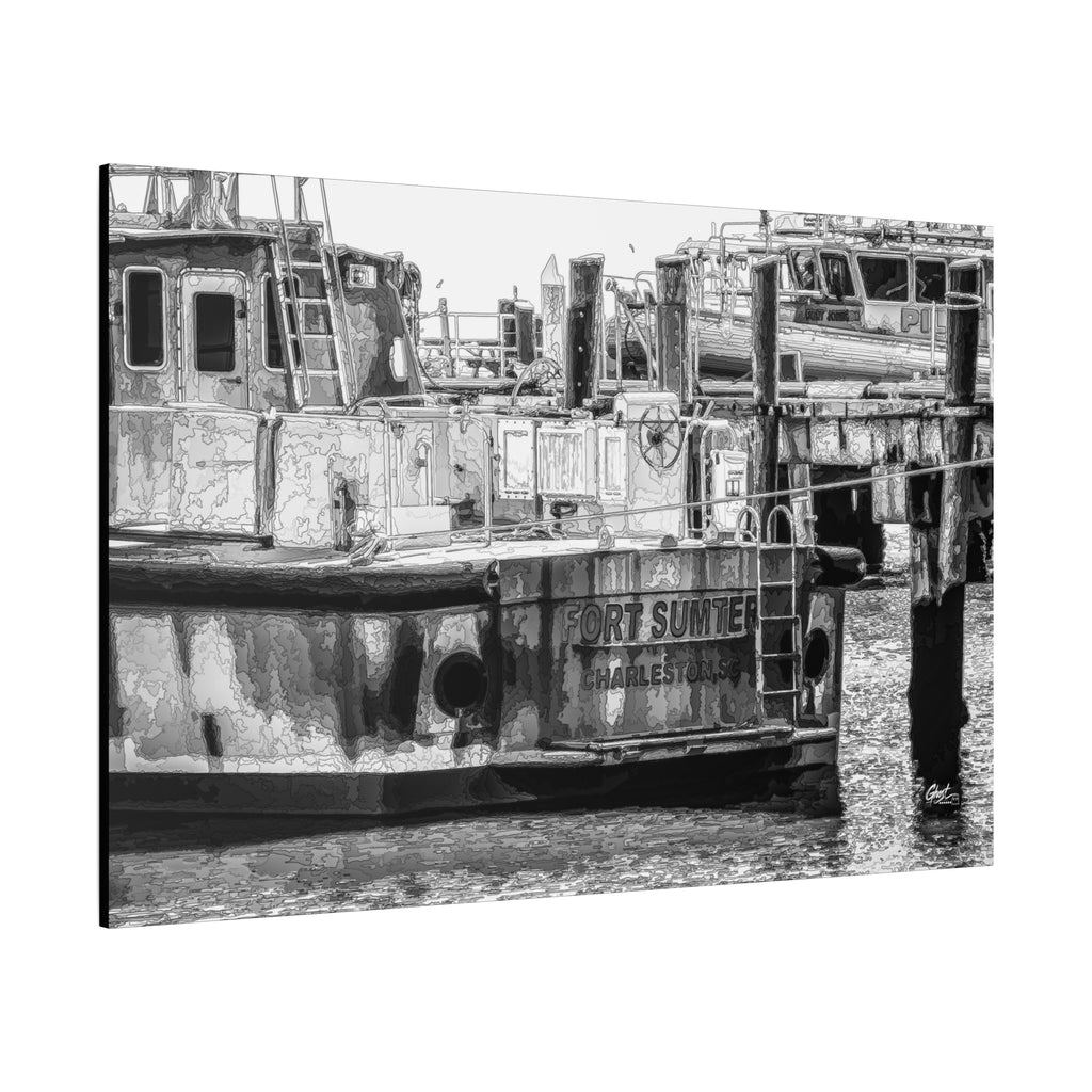 Fort Sumter Original canvas, angled side view: black-and-white, pen-drawn Fort Sumter tour boat at the dock