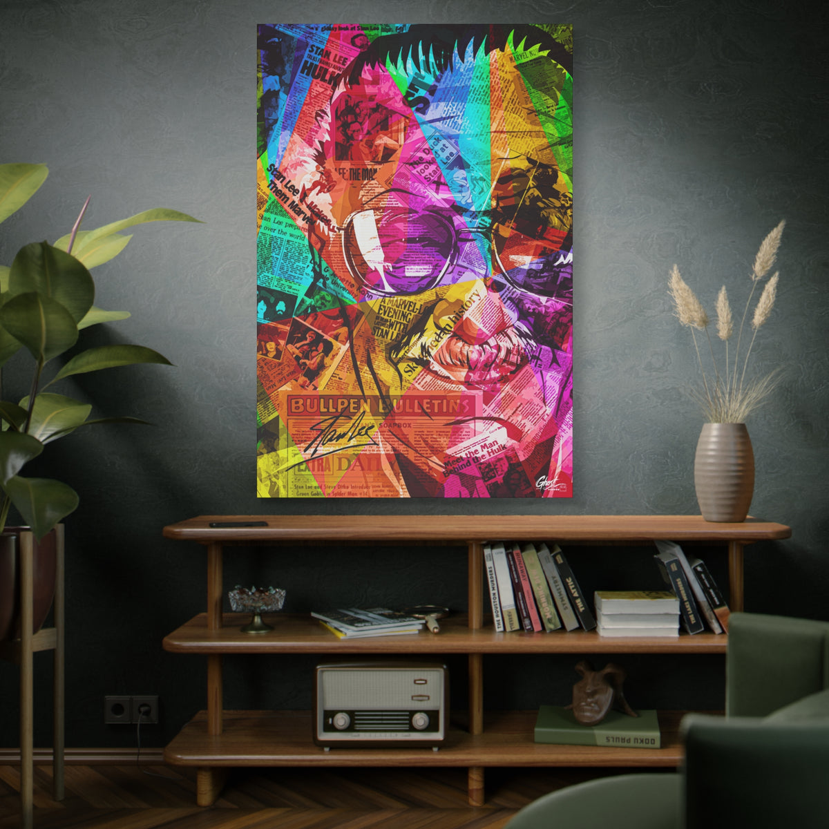 The Man the Myth the Legend oversized canvas on a green-gray wall over bookshelves, neon-banded collage portrait