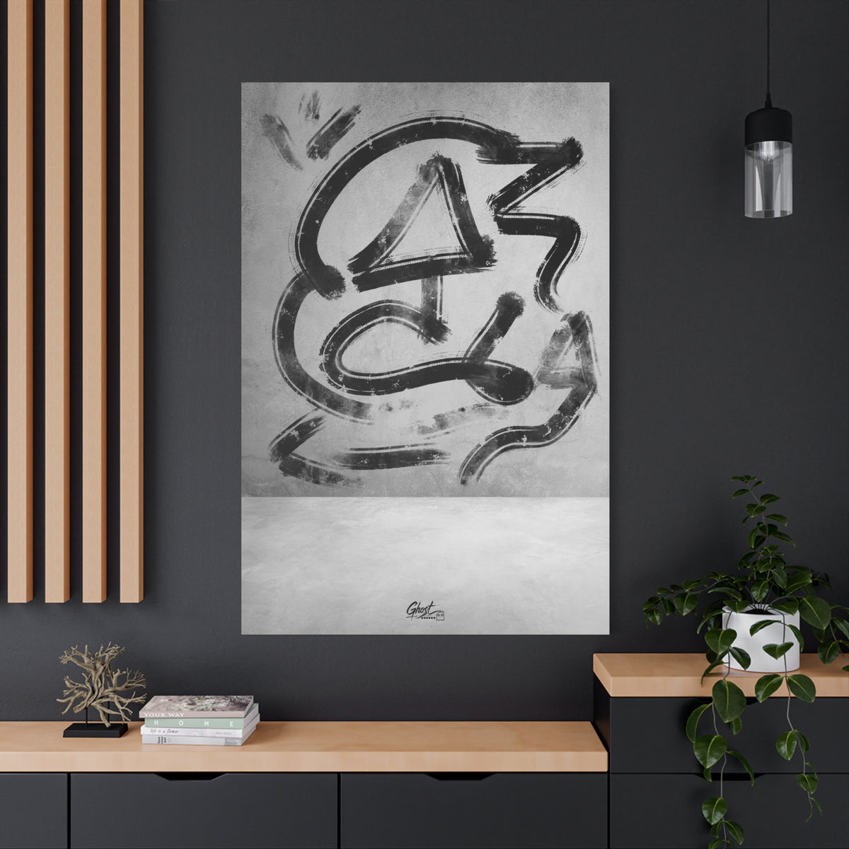 All Nature oversized canvas on a charcoal wall by wood slats, sweeping black gestural brushstrokes on a light ground
