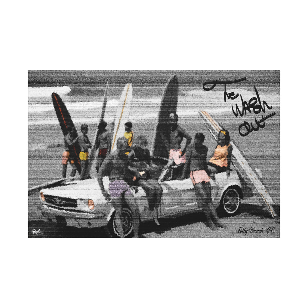 The Wash Out canvas print, front view: friends with surfboards piled on a vintage convertible, black and white, Charleston SC