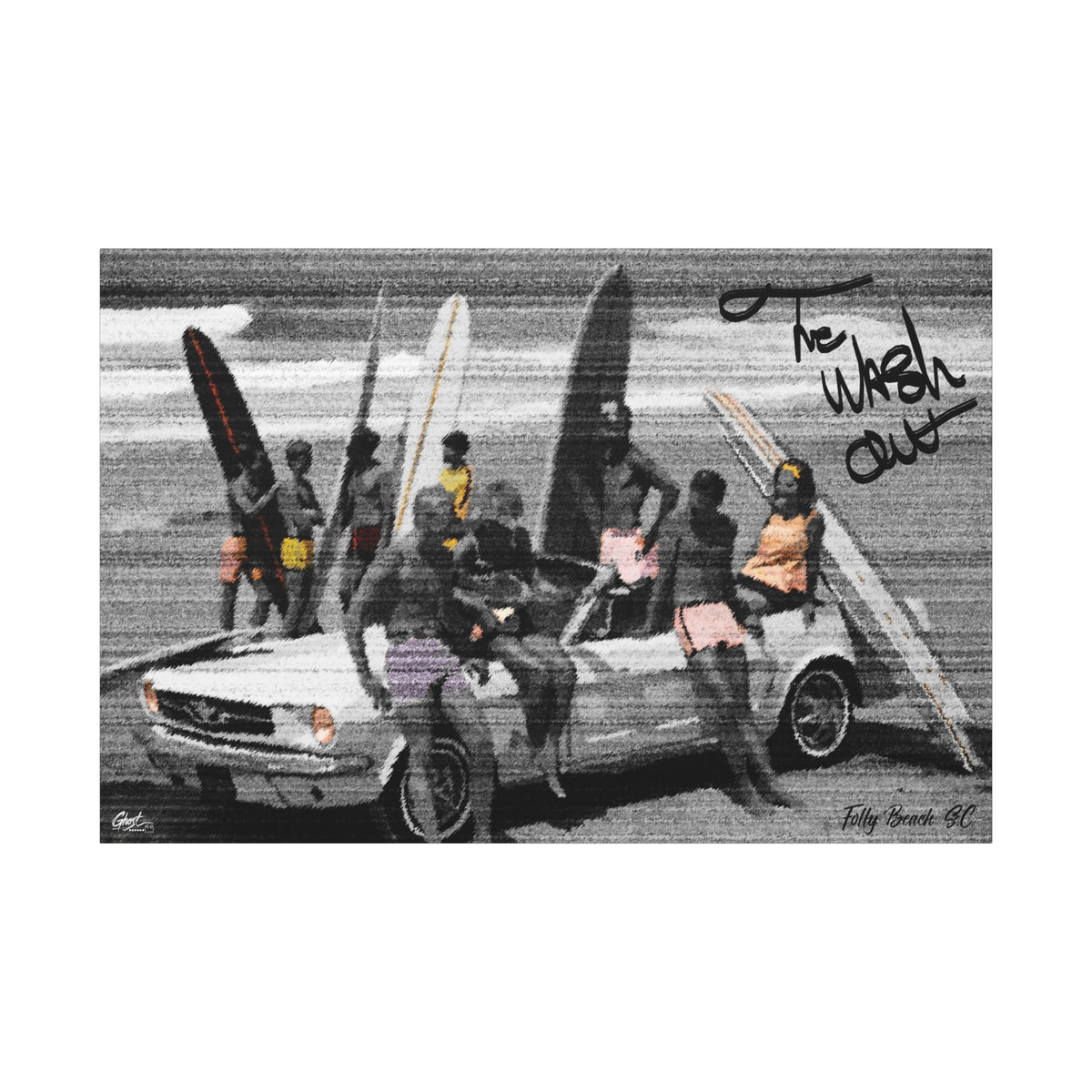 The Wash Out canvas print, front view: friends with surfboards piled on a vintage convertible, black and white, Charleston SC