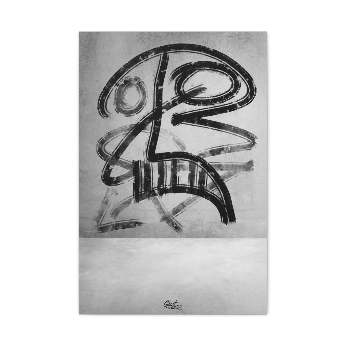 The Mask canvas print, front view: bold black brushstroke mask-like figure on a gray field