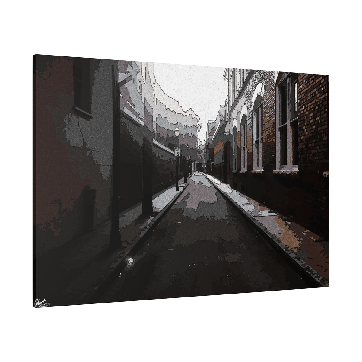 Charleston One Way canvas, angled view of the gallery-wrapped edge: moody alley with old brick walls and long shadows