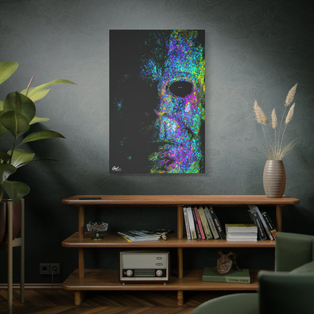 Stalk at Night, Neon Edition canvas above a wooden bookshelf, pale mask sketched in fine lines with neon blue, violet and pink