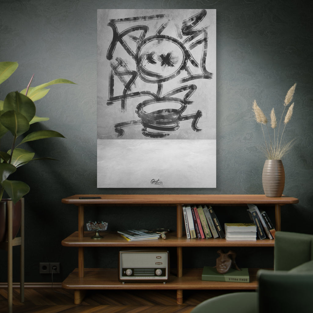 Going Crazy oversized canvas on a green-gray wall over bookshelves, spiraling charcoal-style abstract in black and white